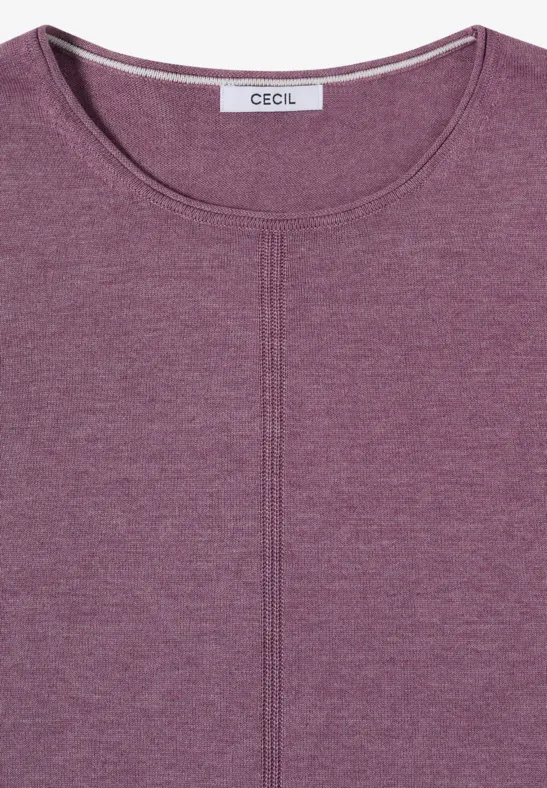 Lila T-Shirt mit Rundhalsausschnitt, vertikaler Ziernaht vorn und CECIL-Label im Nackenbereich.