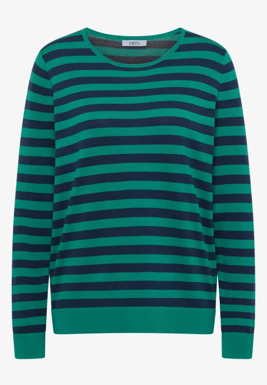Ein langärmliger Pullover mit breiten dunkelgrünen und dunkelblauen Querstreifen.