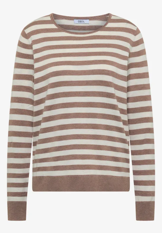 Ein beige-braun gestreifter Pullover mit langen Ärmeln.