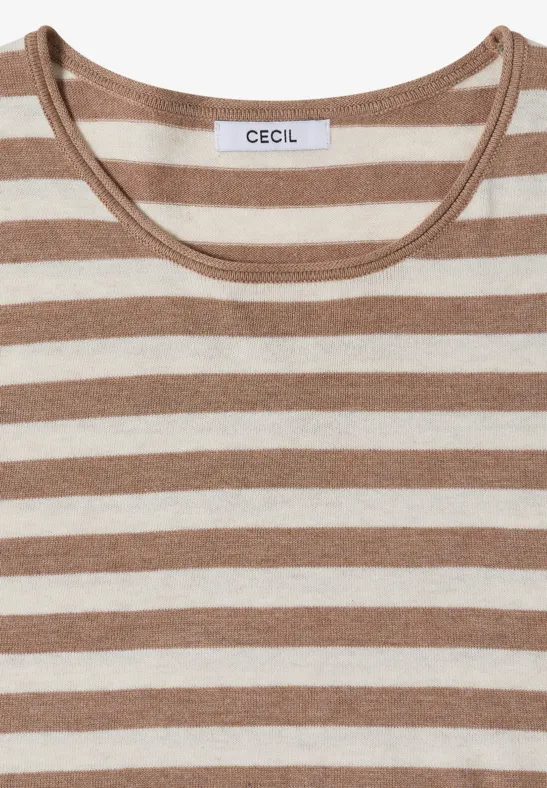 Beiges und weiß gestreiftes Shirt mit Rundhalsausschnitt