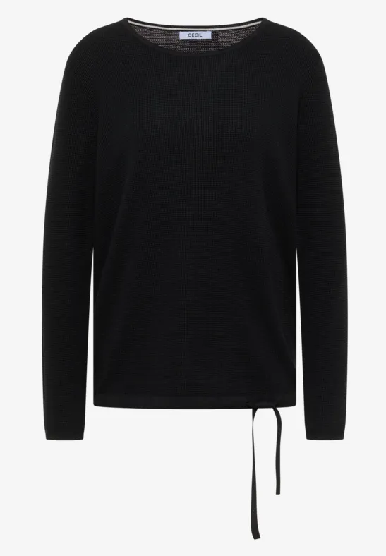 Schwarzer Langarm-Pullover mit Rundhals und seitlicher Kordel zum Binden
