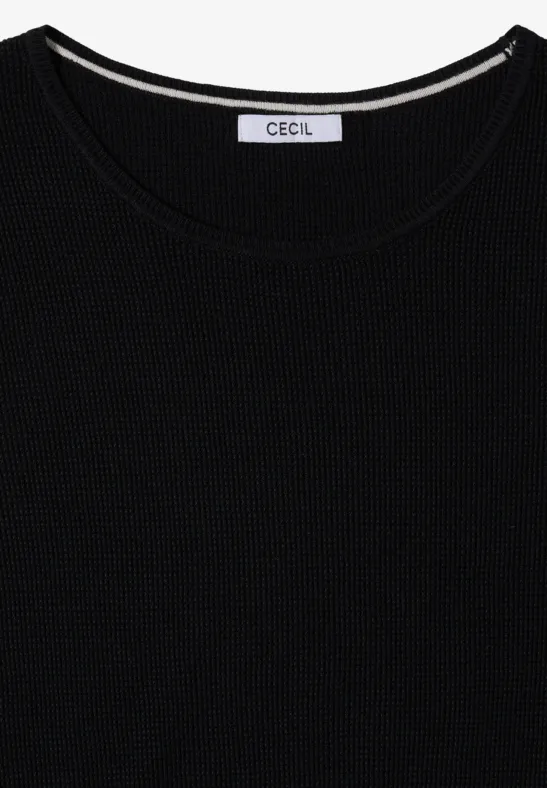 Schwarzes T-Shirt im Waffelstrick-Look mit Rundhalsausschnitt und innenliegendem CECIL-Label.