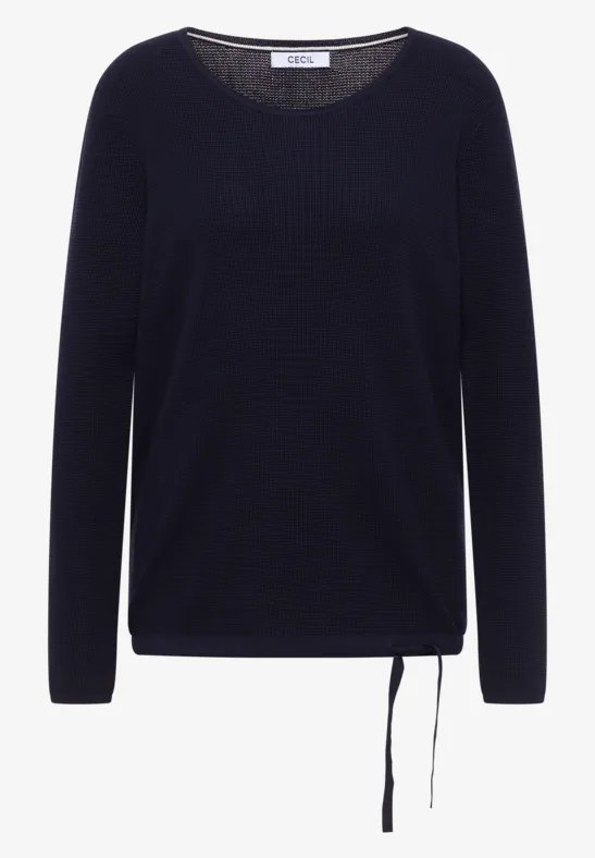 Dunkelblauer Pullover mit Rundhalsausschnitt, langen Ärmeln und verstellbarem Tunnelzug am Saum.