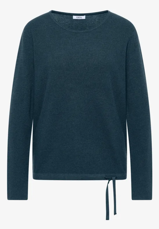 Dunkelgrüner Langarm-Pullover mit Rundhalsausschnitt und seitlicher Kordel am Saum.