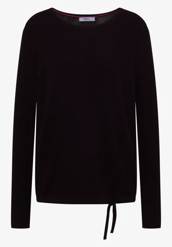Schwarzes Langarmshirt mit Rundhalsausschnitt und seitlicher Kordel am Saum.