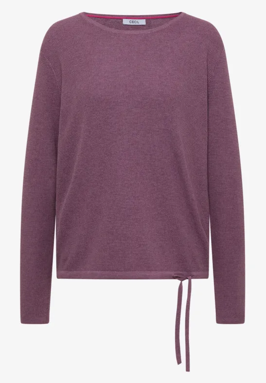 Pull violet à manches longues, encolure ronde et cordon de serrage au bas.