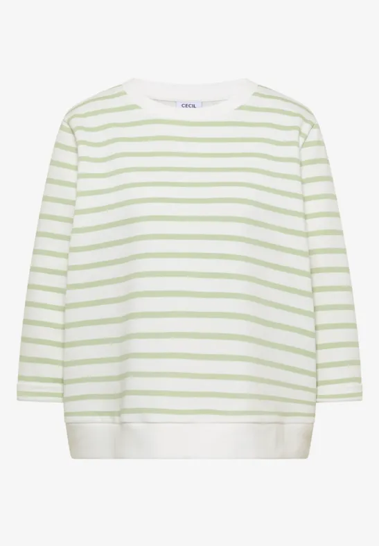 Weißes T-Shirt mit hellgrünen, horizontalen Streifen und 3/4-Ärmeln.