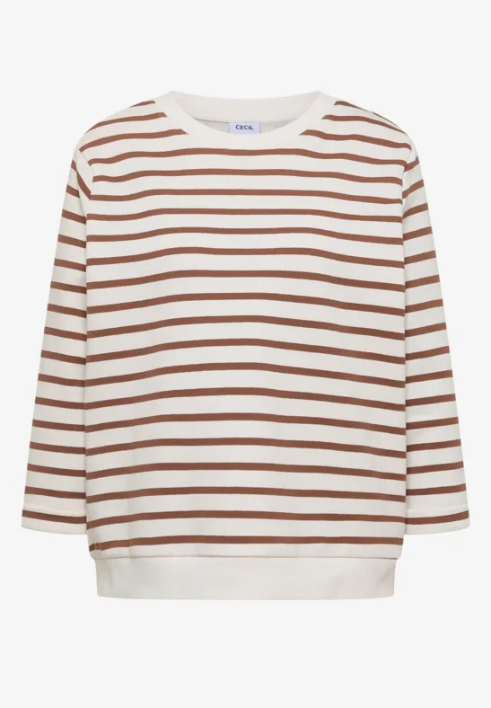 Ein lässiges Langarmshirt in Weiß mit braunen Querstreifen und Rundhalsausschnitt.