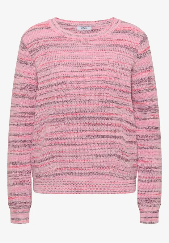 Pull tricoté rayé rose à col rond et manches longues.