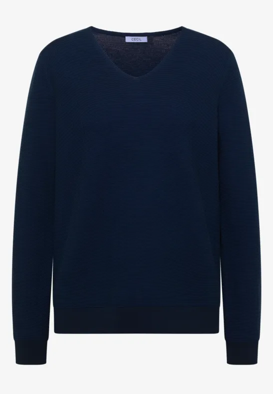 Un pull bleu marine à col en V, manches longues et design épuré.