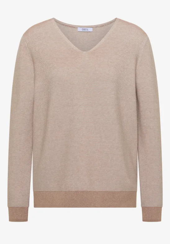 Pull beige col V à manches longues avec bordures côtelées aux poignets et en bas.