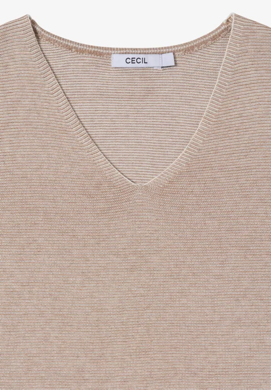 Pull en maille beige à col V et manches courtes, marque CECIL