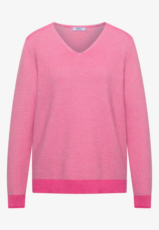 Pull rose à col en V et manches longues.
