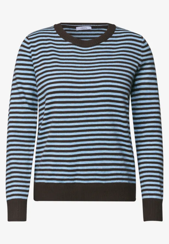Blauw-zwarte gestreepte trui met ronde hals, lange mouwen en contrasterende boorden
