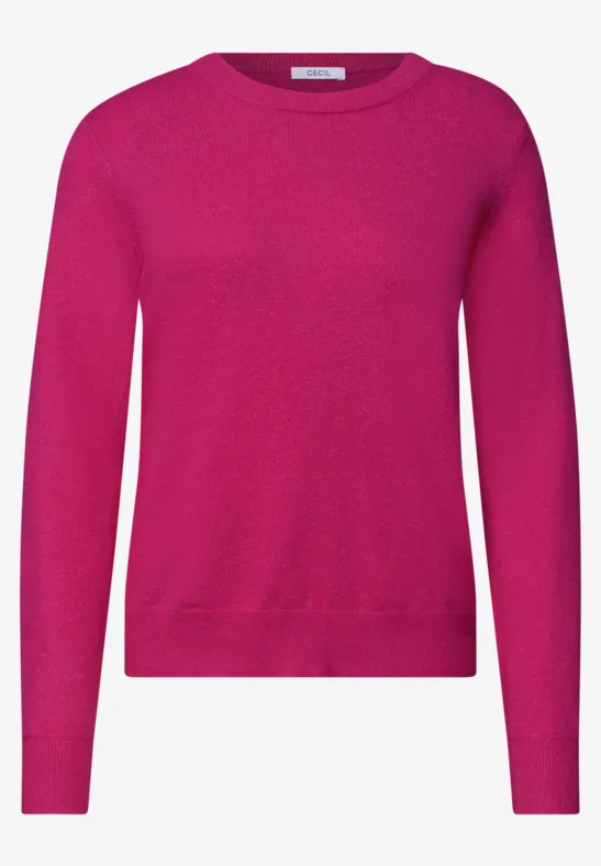 Prosty damski sweter w kolorze magenta z okrągłym dekoltem i długimi rękawami.