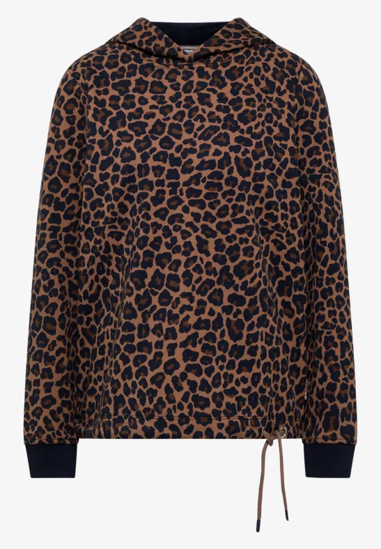 Braunes Kapuzensweatshirt mit schwarzem Leopardenmuster, elastischen Bündchen und Kordelzug am Saum.