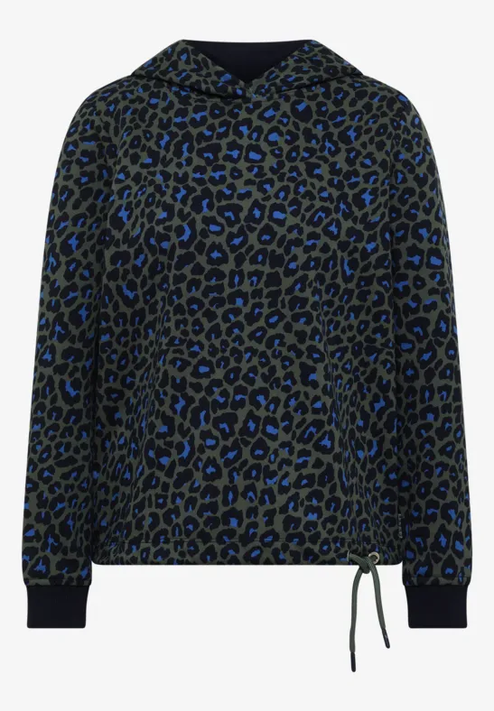 Damen-Kapuzenpullover mit schwarzem Hintergrund und blauem Leopardenmuster, langärmlig mit Tunnelzug am Saum.