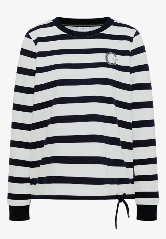 T-shirt à manches longues rayé blanc et bleu marine, col rond, lien coulissant à la taille et petit logo poitrine.