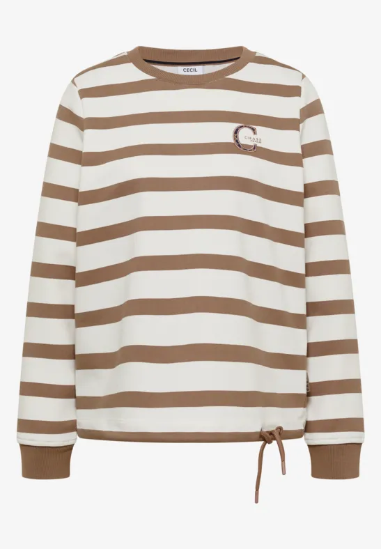 Braun-weiß gestreifter Langarm-Sweater mit rundem Halsausschnitt, kleinem Logo auf der Brust und Kordelzug am Saum