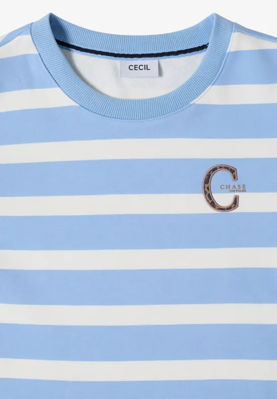 Hellblau-weißer gestreifter T-Shirt mit rundem Ausschnitt und aufgesticktem 'C'-Logo von CECIL.