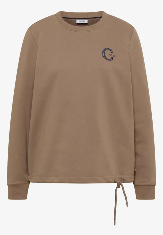 Beiges Sweatshirt mit Rundhalsausschnitt, kleinem C-Logo auf der Brust und Kordelzug am Saum