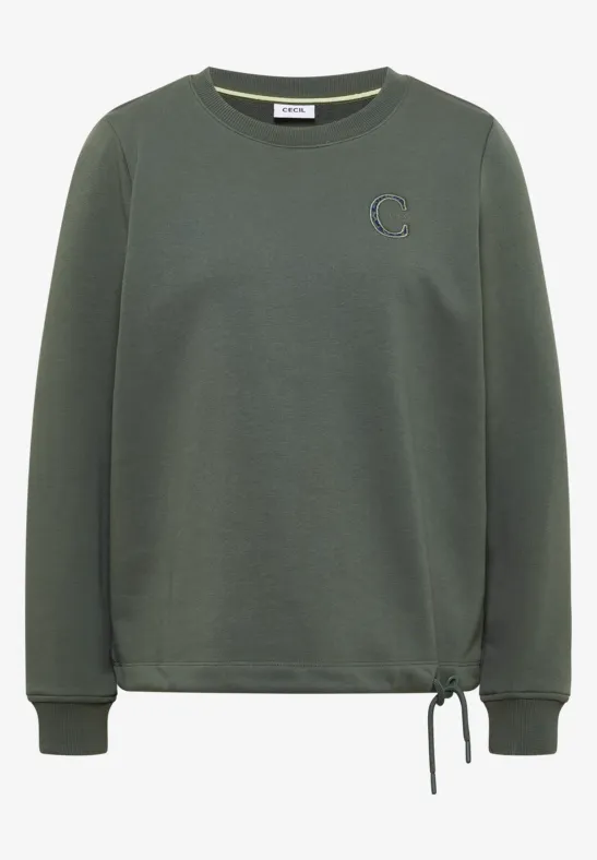 Dunkelgrünes Sweatshirt mit Rundhalsausschnitt,kleinem C-Logo auf der Brust und verstellbarem Tunnelzugsaum.