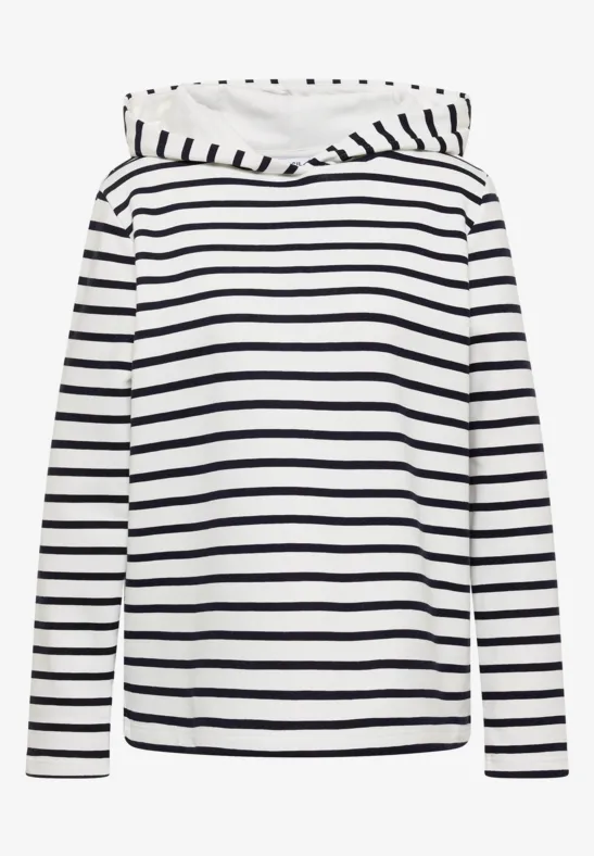 Weißer Kapuzenpullover mit schwarzen, horizontalen Streifen.