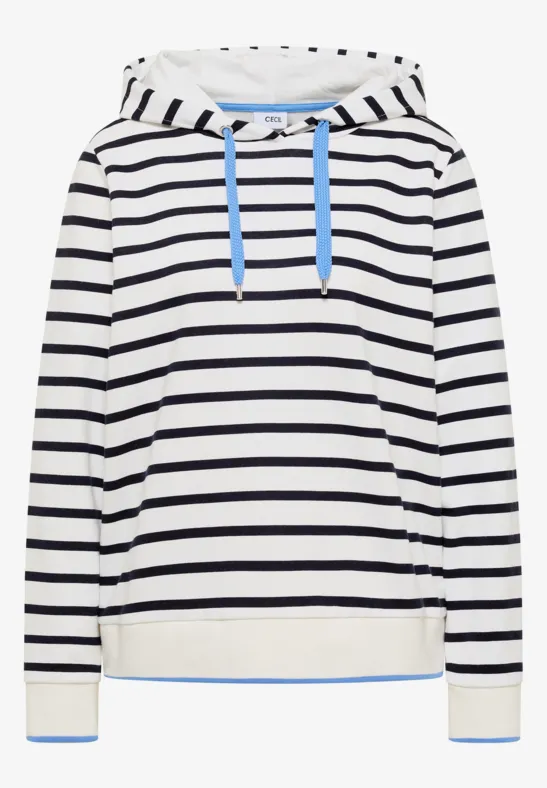 Weißer Kapuzenpullover mit schwarzen Streifen und hellblauen Kordeln.
