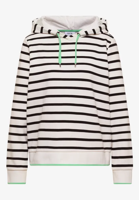 Weißer Hoodie mit schwarzen Streifen und grünen Kordeln.