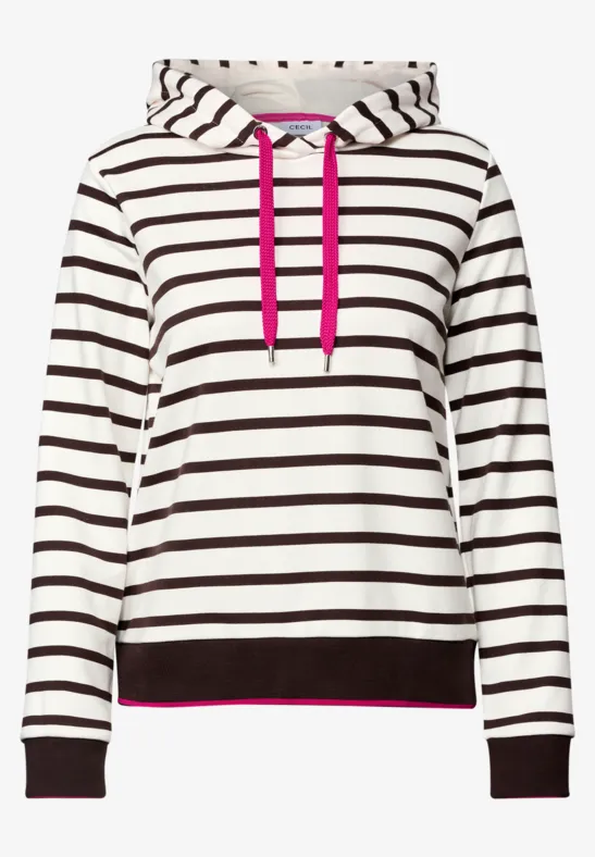 Weißes Hoodie mit schwarzen Streifen, pinken Kordeln und rosa Saum