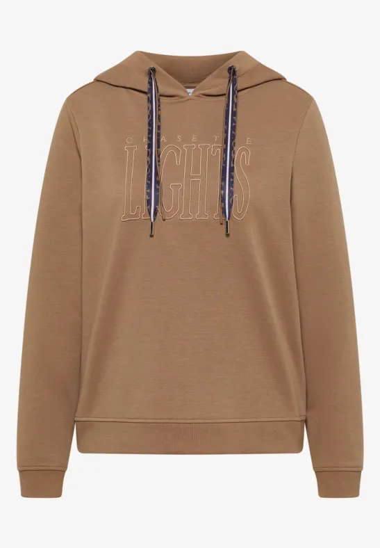 Brauner Kapuzenpullover mit aufgesticktem Schriftzug, kontrastfarbenen Kordeln und gerippten Bündchen