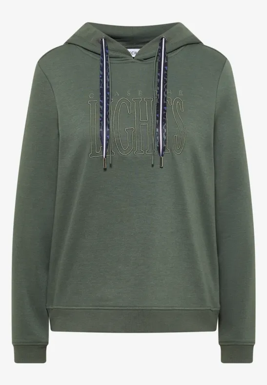 Dunkelgrüner Kapuzenpullover mit Fronttasche und verstellbaren Kordeln.