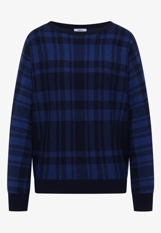 Dunkelblauer Pullover mit schwarzem Karomuster, Rundhalsausschnitt und langen Ärmeln.