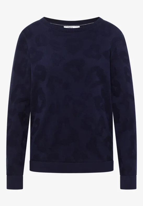Dunkelblauer Pullover mit feinem Jacquardmuster, Rundhalsausschnitt und geripptem Saum.