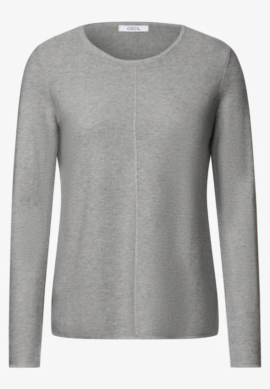 Grauer Pullover mit Rundhalsausschnitt, langen Ärmeln und sichtbarer Mittelnaht.