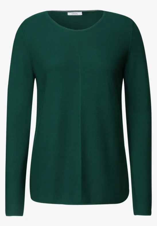 Dunkelgrüner Damenpullover mit Rundhalsausschnitt und langen Ärmeln.