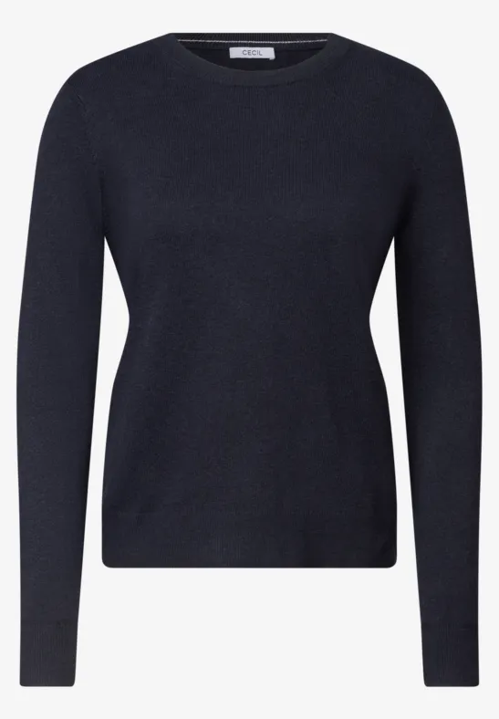 Ein dunkelblauer Pullover mit Rundhalsausschnitt und langen Ärmeln.