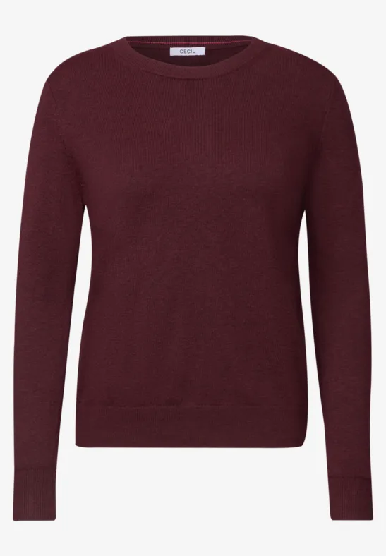 Schlichter burgunderroter Pullover mit Rundhalsausschnitt und langen Ärmeln.