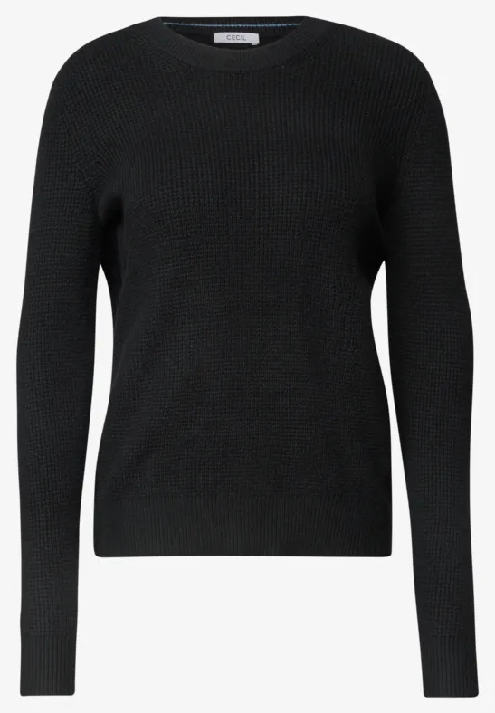 Pull noir simple en maille fine à col rond et manches longues.