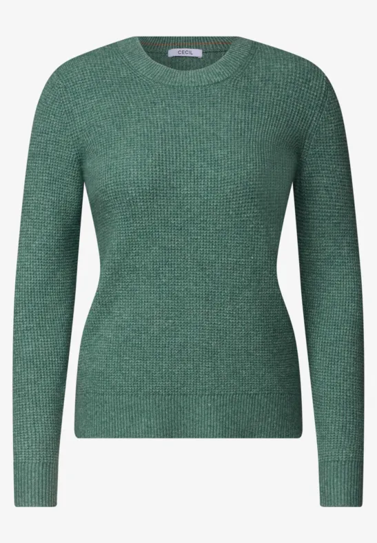 Schlichter grüner Pullover mit Rundhalsausschnitt und feiner Strickstruktur.
