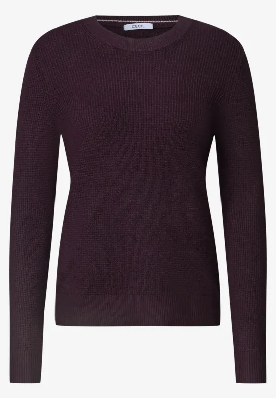 Ein dunkelvioletter, langärmliger Pullover aus Feinstrick mit Rundhalsausschnitt.