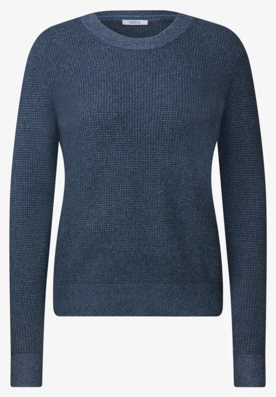 Dunkelblauer Feinstrick-Pullover mit Rundhalsausschnitt und langen Ärmeln.