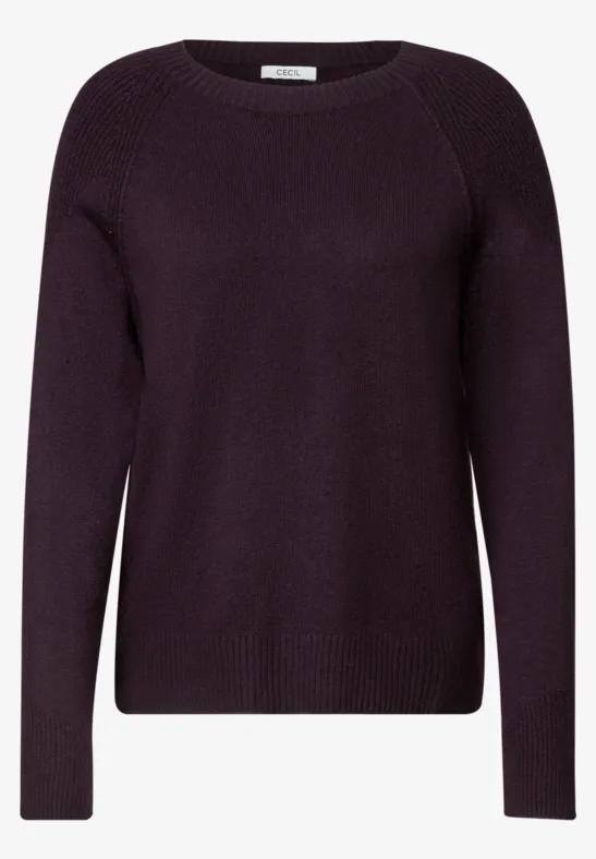 Dunkler, violetter Strickpullover mit Rundhalsausschnitt und langen Ärmeln.