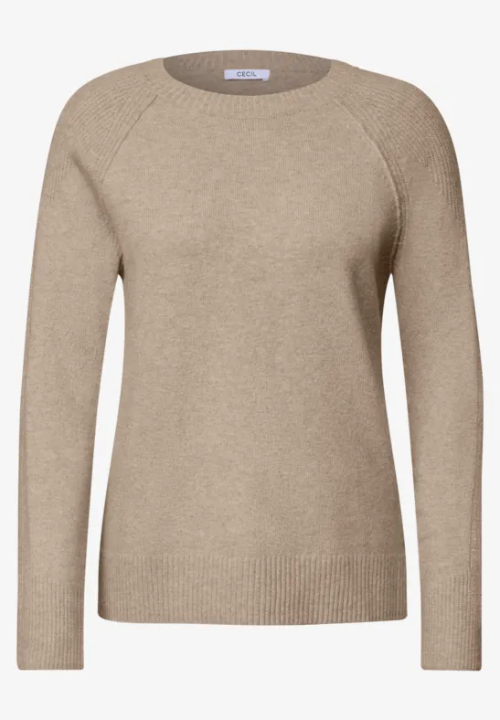 Beiger Strickpullover mit langen Ärmeln und Rundhalsausschnitt, schmaler Rippenbund.