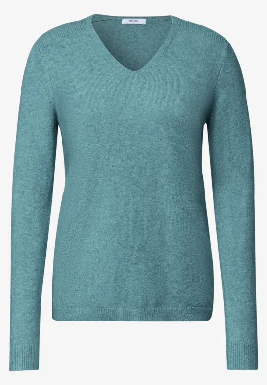 Turquoise trui met V-hals en lange mouwen, fijne breistof.