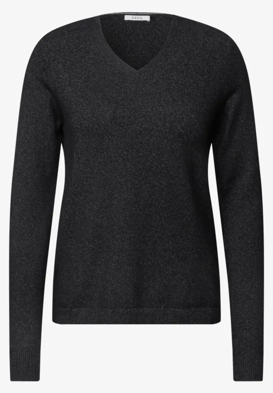 Schwarzer V-Ausschnitt Pullover mit langen Ärmeln.