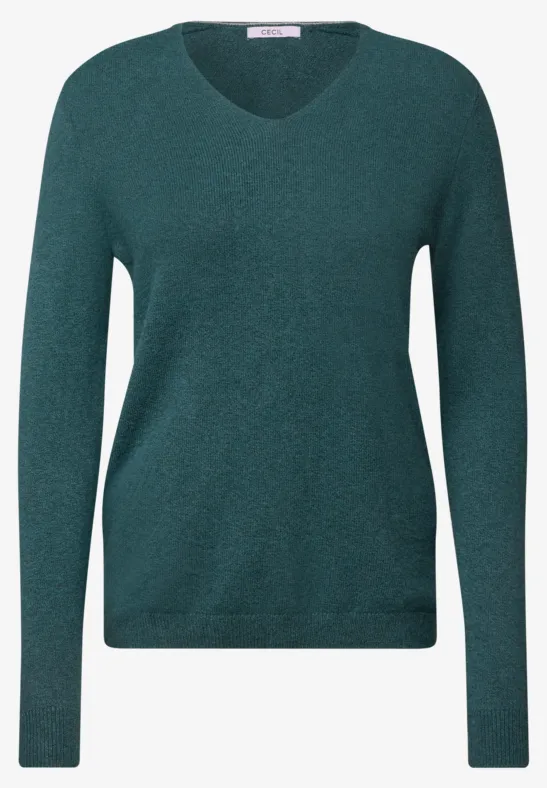 Ein tealgrüner Pullover mit V-Ausschnitt und langen Ärmeln.