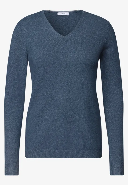 Schlichter dunkelblauer Pullover mit V-Ausschnitt und langen Ärmeln.