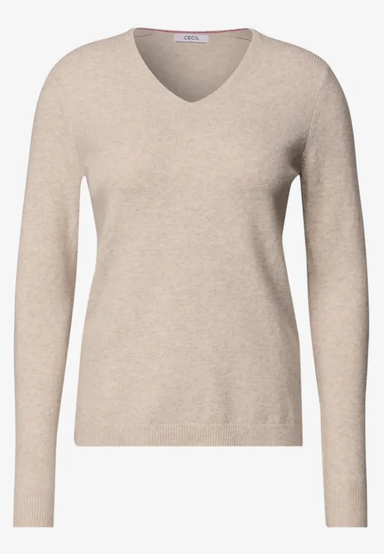 Beiger Langarmpullover mit V-Ausschnitt für Damen