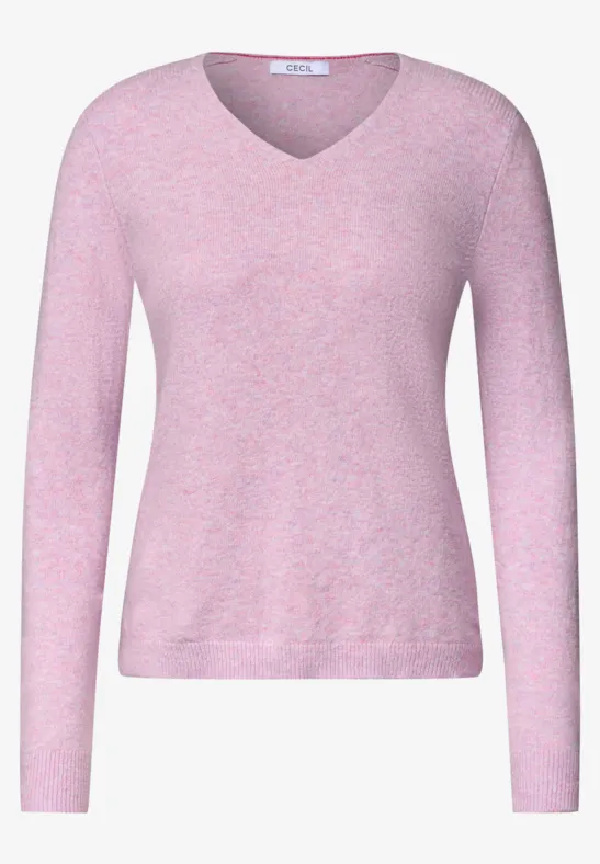 Rosa Damenpullover mit V-Ausschnitt und langen Ärmeln